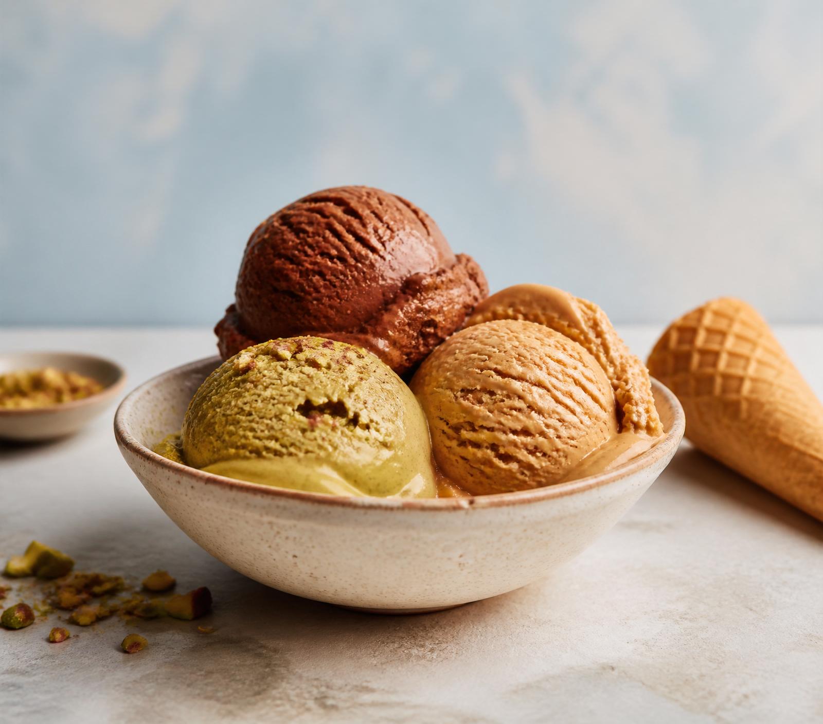 Bowl artesanal de helado de pistacho, dulce de leche y chocolate