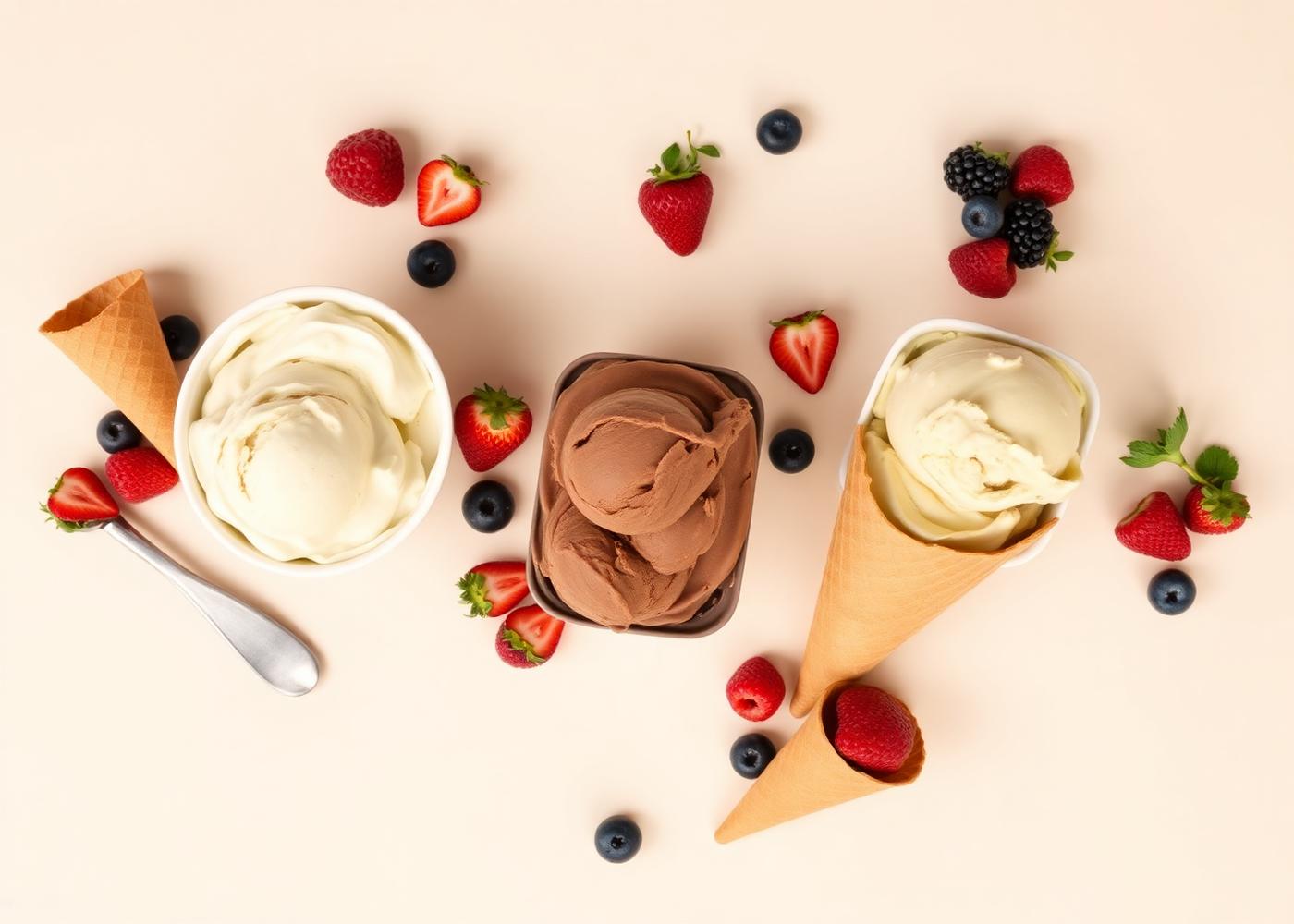 Vista aérea de helados artesanales con frutos rojos